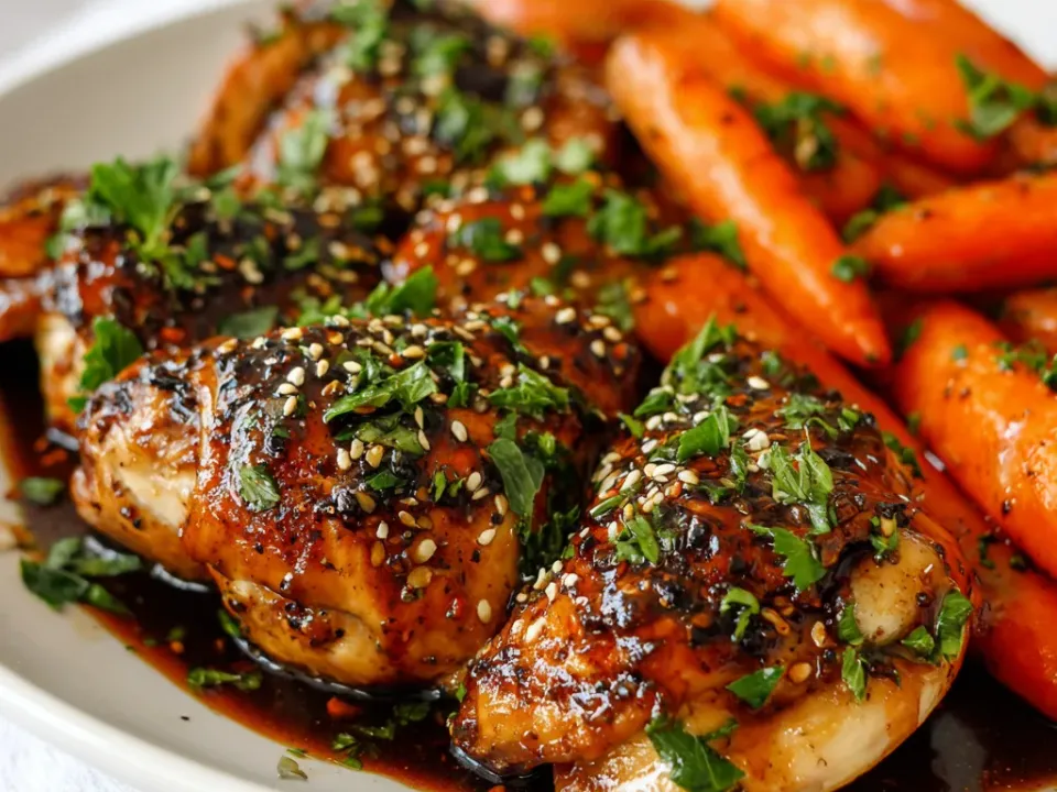 Bone-in chicken thighs in a dark mahogany balsamic glaze with whole baby carrots on a cream plate, scattered with sesame seeds and parsley