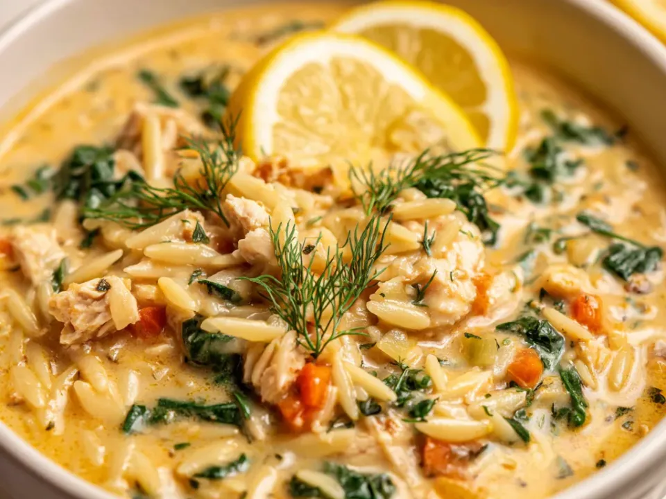 Bowl of creamy lemon chicken orzo soup with spinach, dill and lemon slices