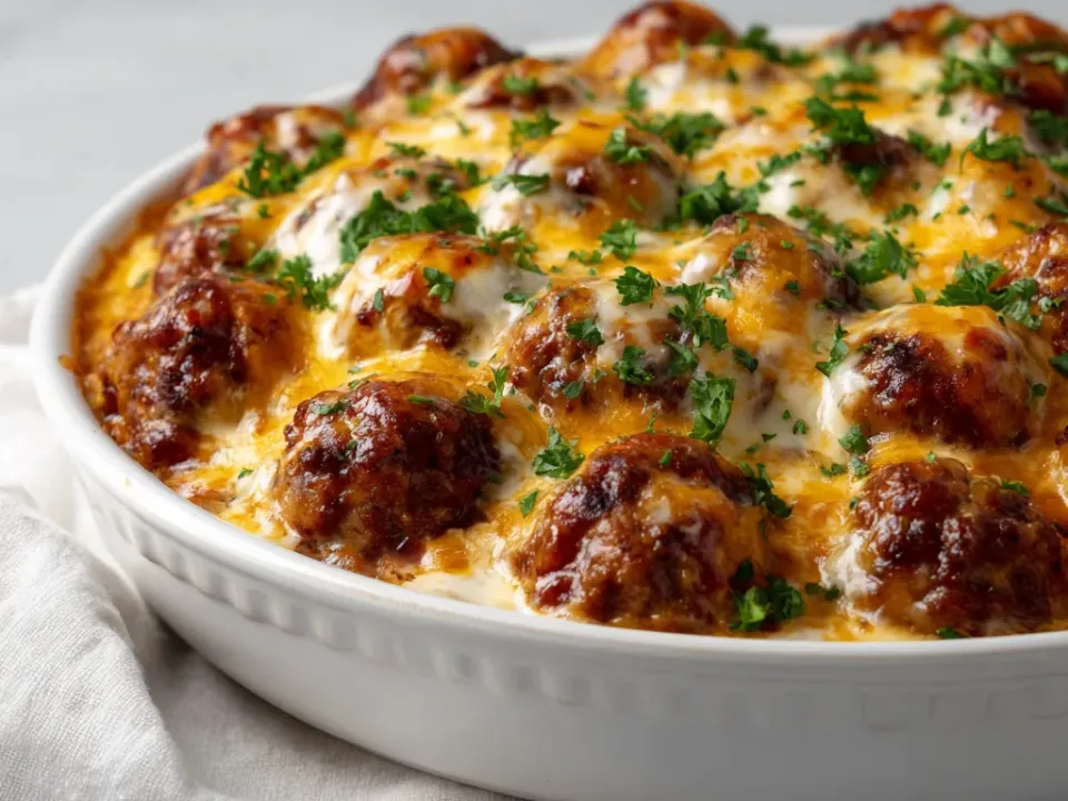Slow cooker casserole of barbecue-glazed meatballs and quartered baby potatoes under melted cheddar and green onions