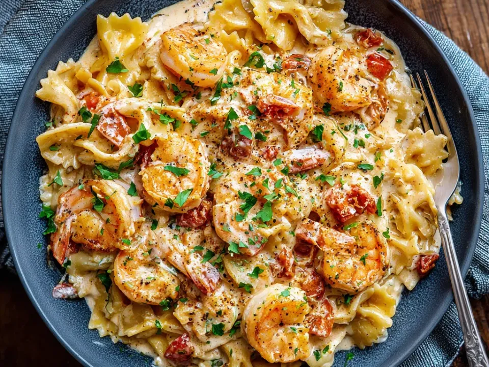 Creamy Cajun shrimp pasta with peppers and parsley in a bowl
