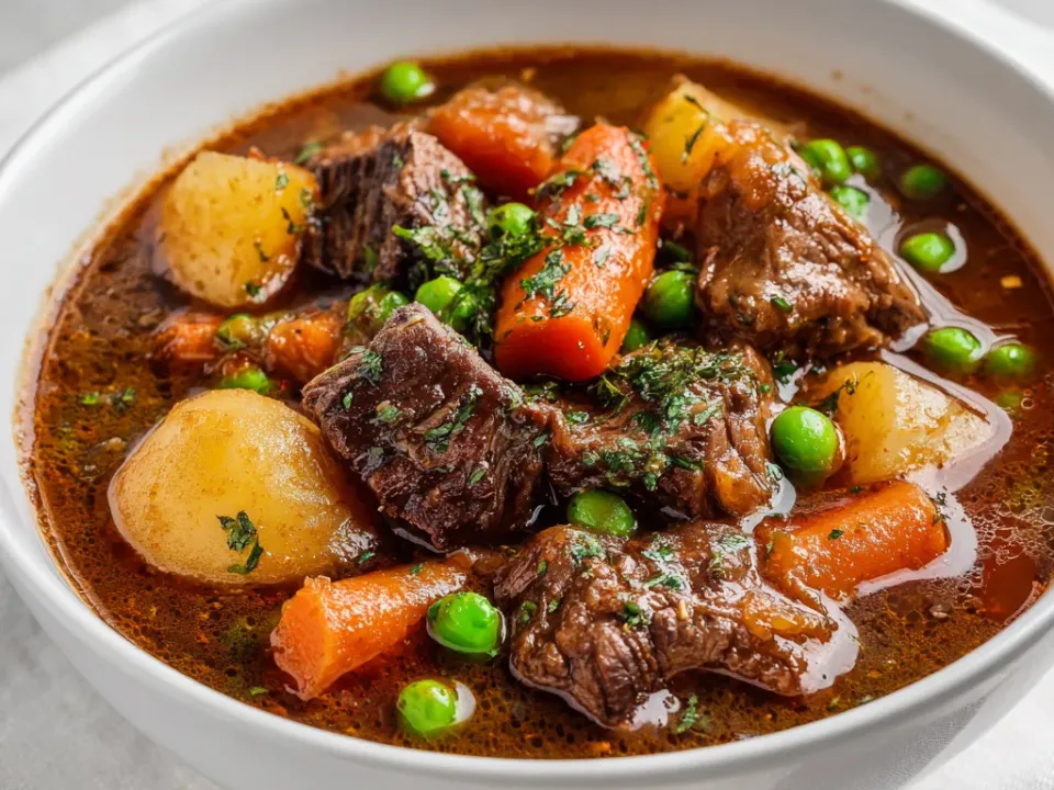 Bowl of crockpot beef stew with cubed beef, potatoes, carrots and peas in a thick gravy