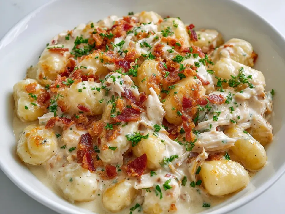Bowl of creamy chicken bacon ranch gnocchi topped with crumbled bacon and chives