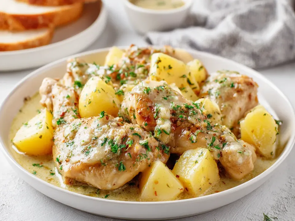 Plate of garlic parmesan chicken thighs with baby gold potatoes in cream sauce