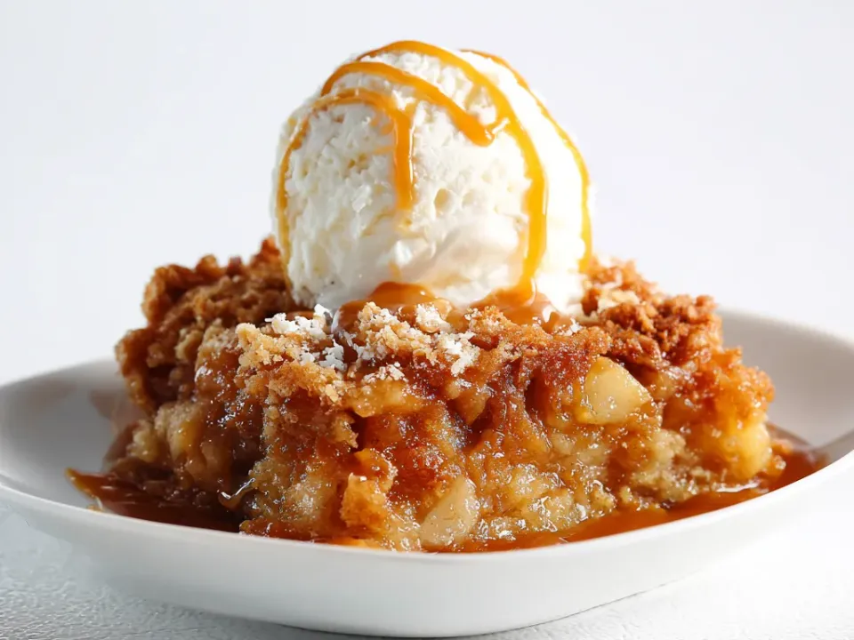 Serving of caramel apple dump cake with a golden crumb topping, caramel sauce and vanilla ice cream