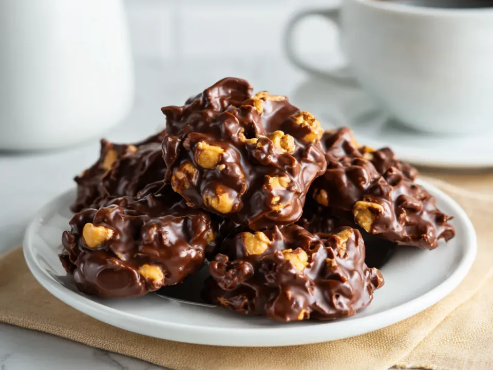 Chocolate-coated peanut clusters piled on a plate