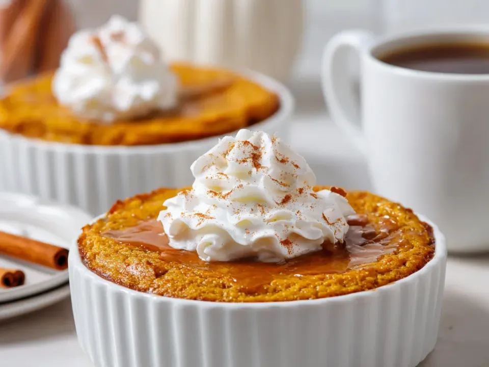 Bowl of crustless pumpkin pie pudding topped with whipped cream