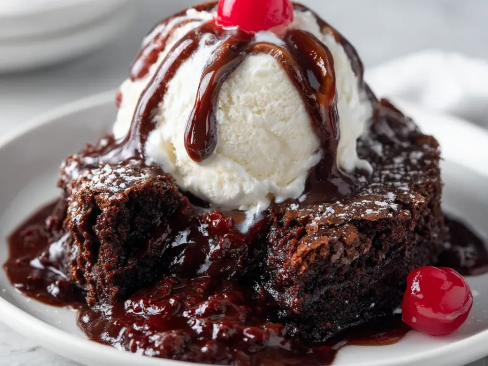 A piece of dark chocolate brownie cake with fudge sauce pooling around it, topped with a scoop of vanilla ice cream and a cherry