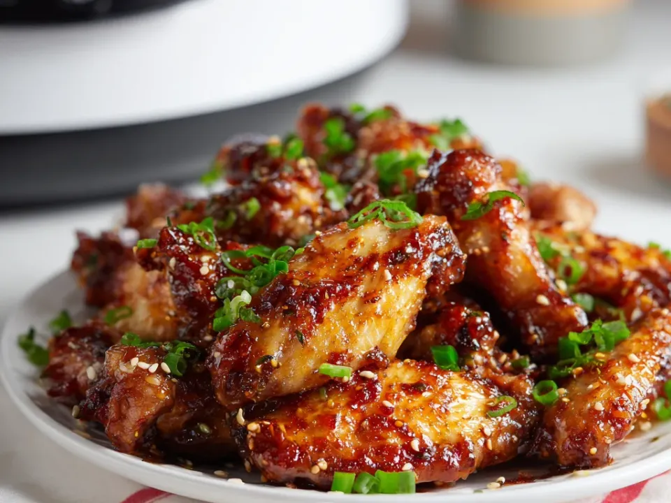 Sticky honey garlic chicken wings with sesame seeds and green onions