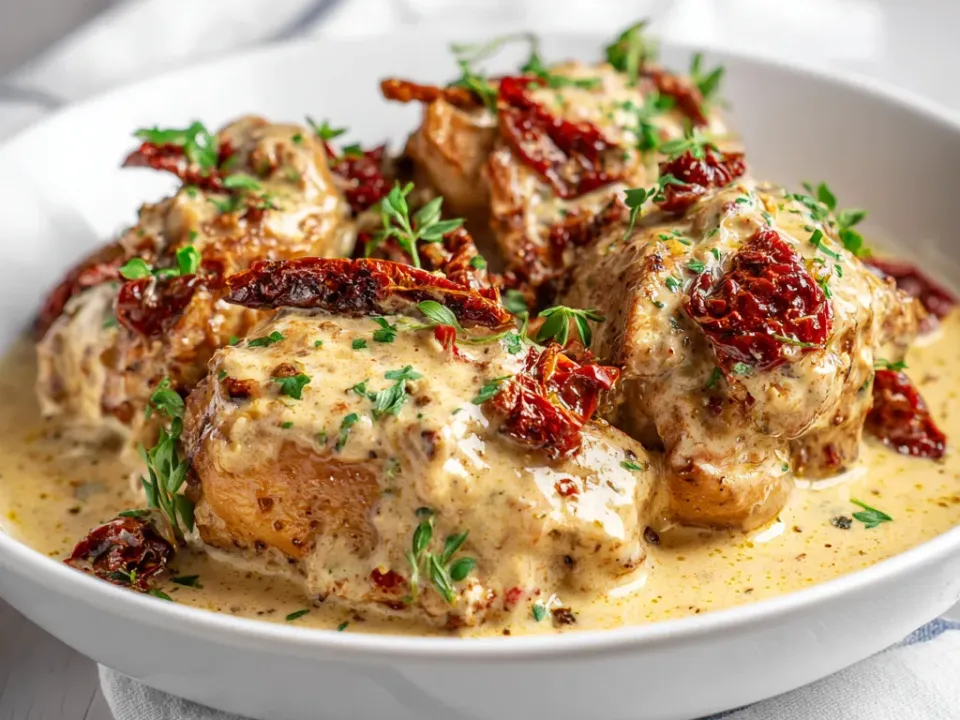 Creamy sun-dried tomato chicken with spinach and basil over pasta