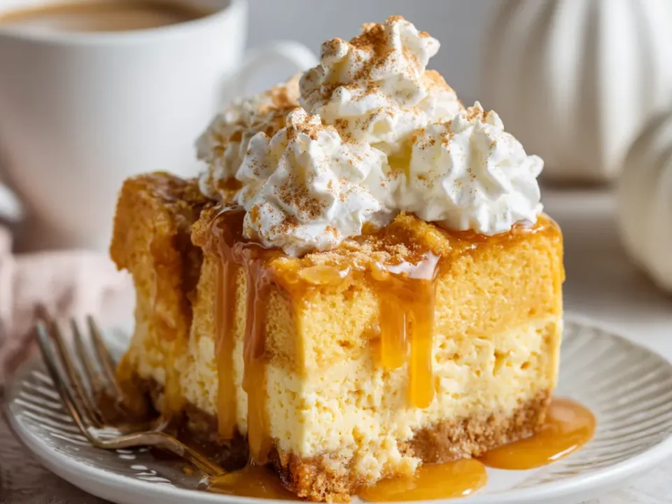 Scoop of pumpkin cheesecake pudding cake with whipped cream