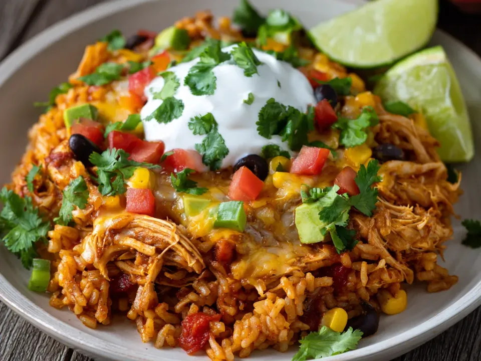 Shredded chicken over seasoned rice with black beans, corn and melted cheese, topped with sour cream, diced tomato, cilantro and lime wedges
