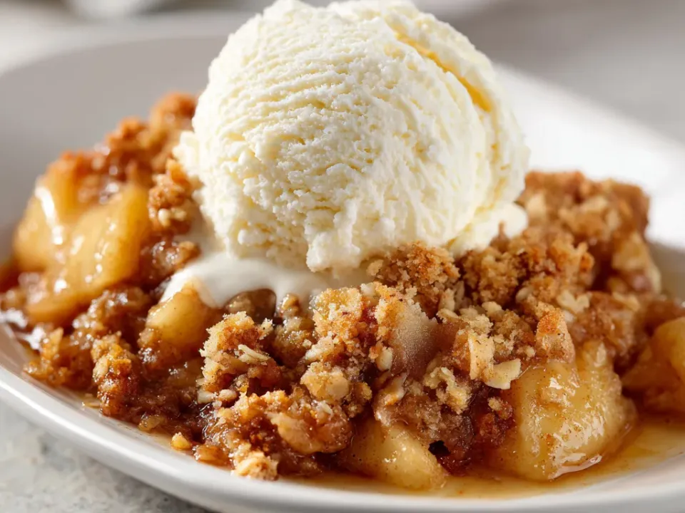 Bowl of slow cooker apple crisp with oat topping and a scoop of vanilla ice cream