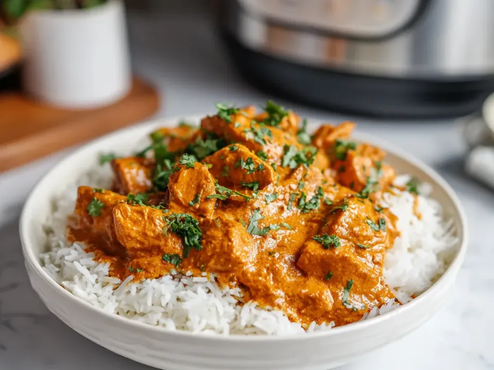 Butter chicken in a creamy orange sauce over white basmati rice, scattered with chopped cilantro
