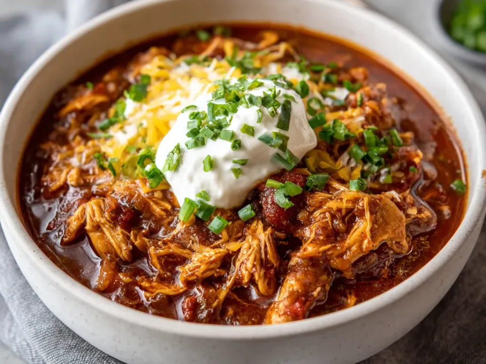 Bowl of creamy Mississippi chicken chili with pepperoncini and scallions