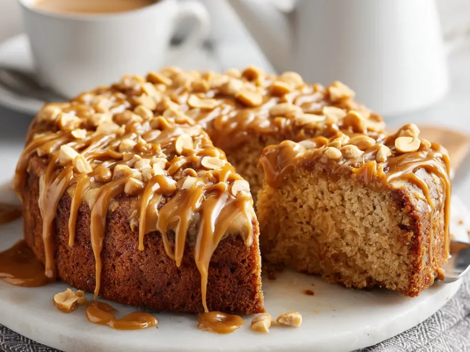 Spoonful of warm peanut butter pudding cake with sauce and ice cream