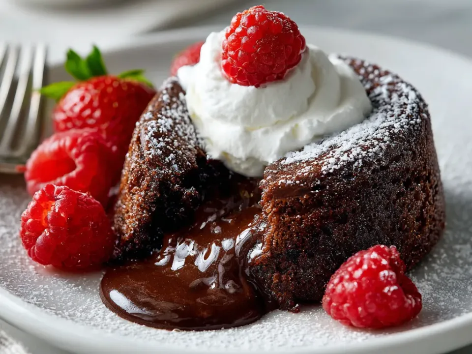 An individual chocolate lava cake on a white plate with molten chocolate flowing from its centre, whipped cream, raspberries and powdered sugar