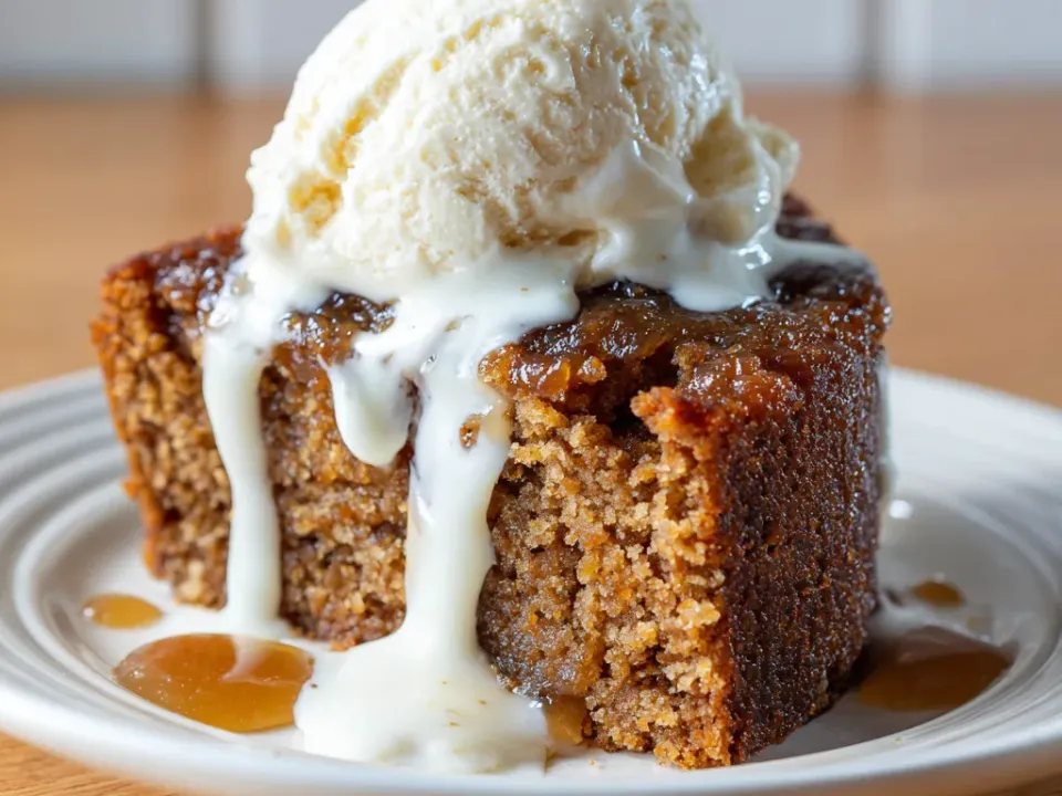 Spoonful of gingerbread pudding cake with sauce and vanilla ice cream