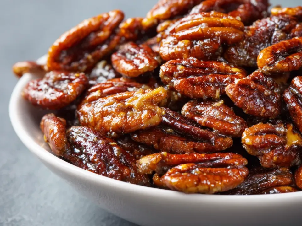 Bowl of glossy candied pecan halves coated in cinnamon sugar