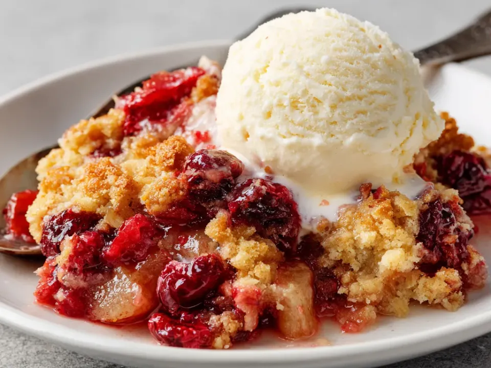 Slow cooker cranberry apple cobbler with a golden oat biscuit topping
