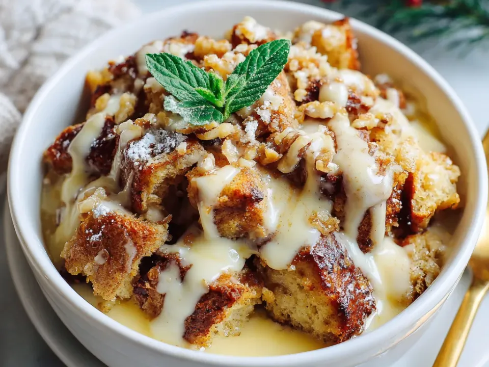 Cubes of custard-soaked bread pudding in a white bowl with a pale sauce poured over and chopped nuts on top, with holiday greenery behind