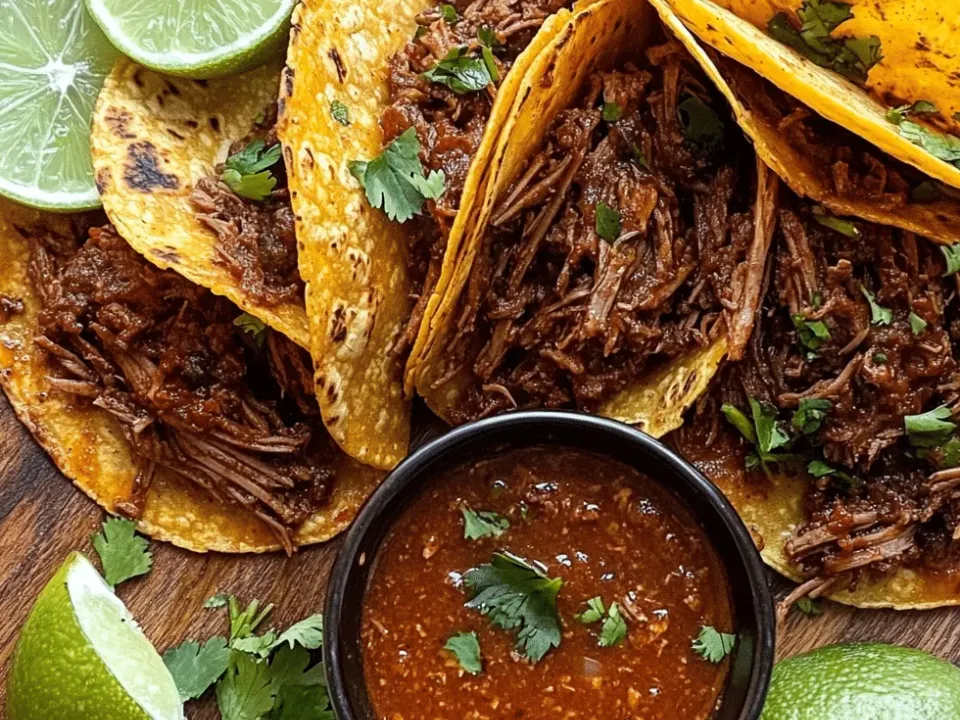 Crisped folded corn tortillas filled with shredded red-stained beef and melted cheese, with a small bowl of dark broth for dipping