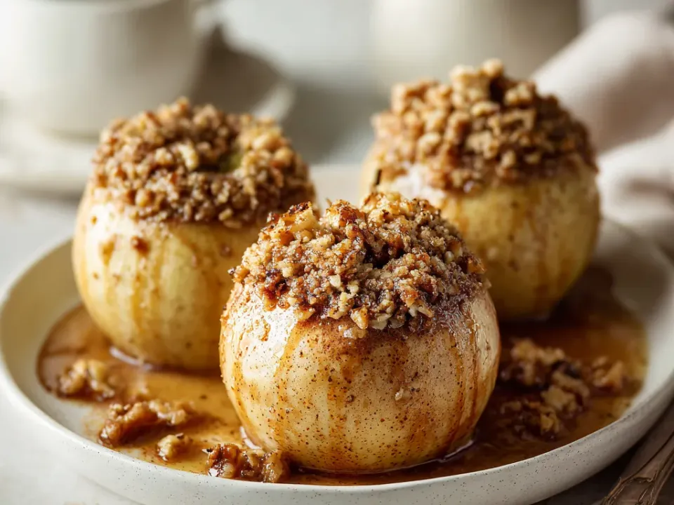 Slow cooker baked apples stuffed with an oat and pecan filling in a syrupy sauce