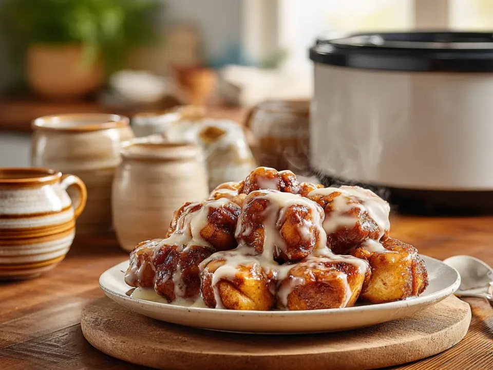 A plate of cinnamon-coated pull-apart dough balls under a white glaze, with a slow cooker behind on a wooden counter