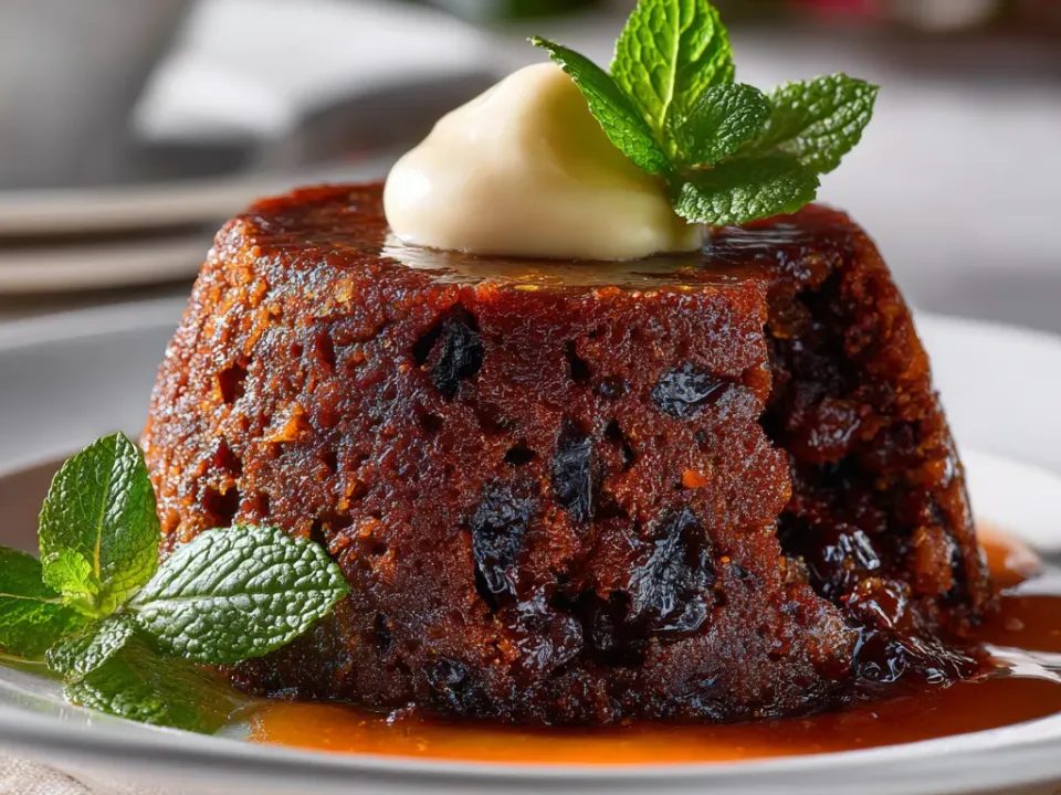 A dark, dense pudding studded with pieces of dark fruit, sitting in a pool of toffee sauce with a spoonful of cream and mint leaves on top