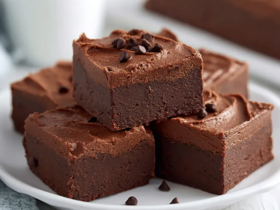 Dense dark chocolate fudge cut into squares and topped with mini chocolate chips