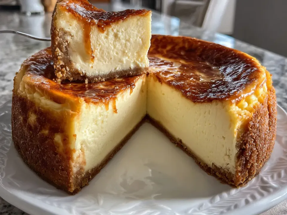 Slice of slow cooker cheesecake with a graham crust and a smooth uncracked top
