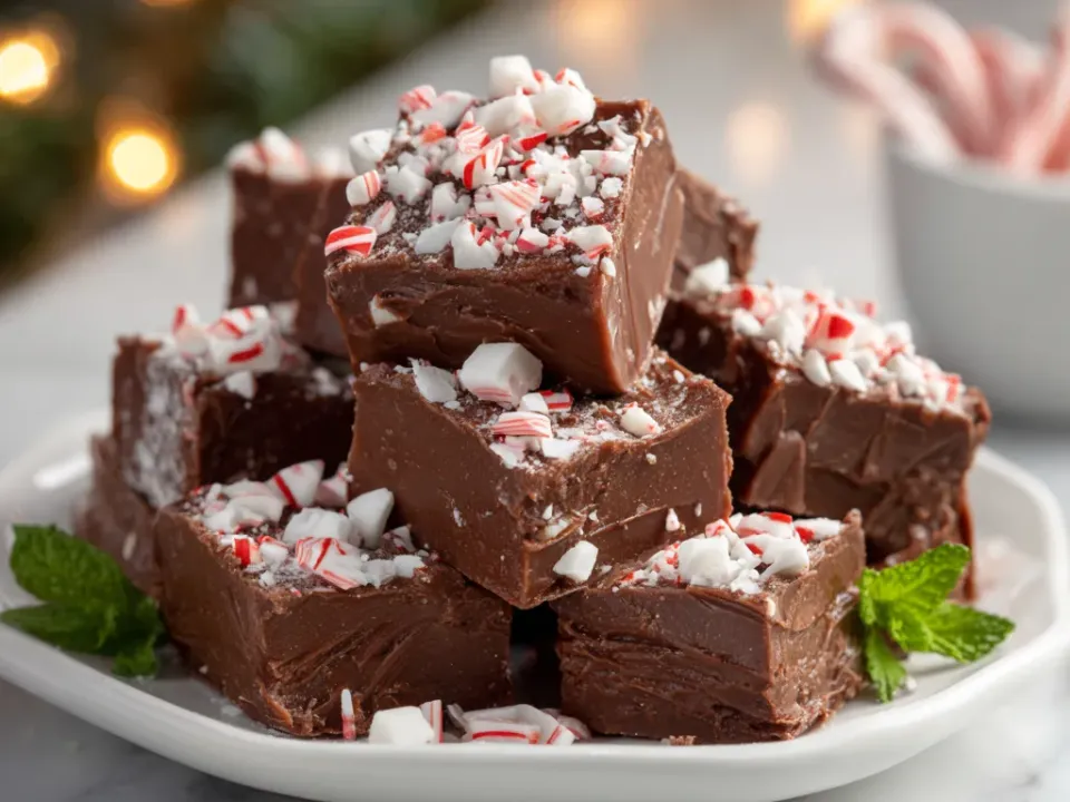 Squares of chocolate peppermint fudge topped with crushed candy canes