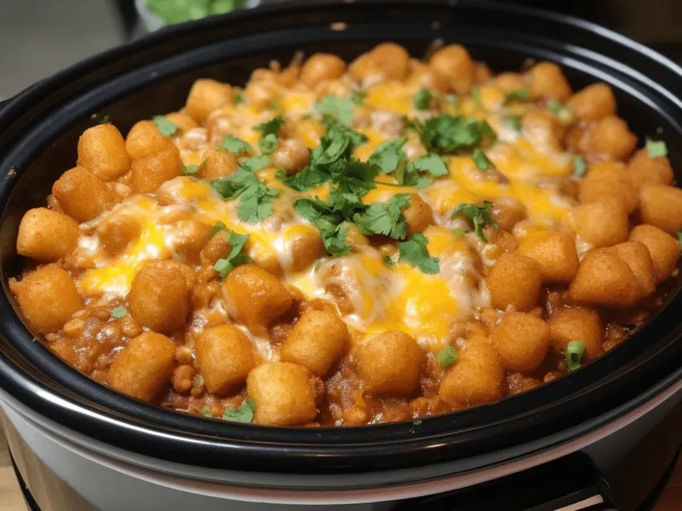 A slow cooker filled with golden tater tots over taco-seasoned ground beef, topped with melted cheese and chopped cilantro
