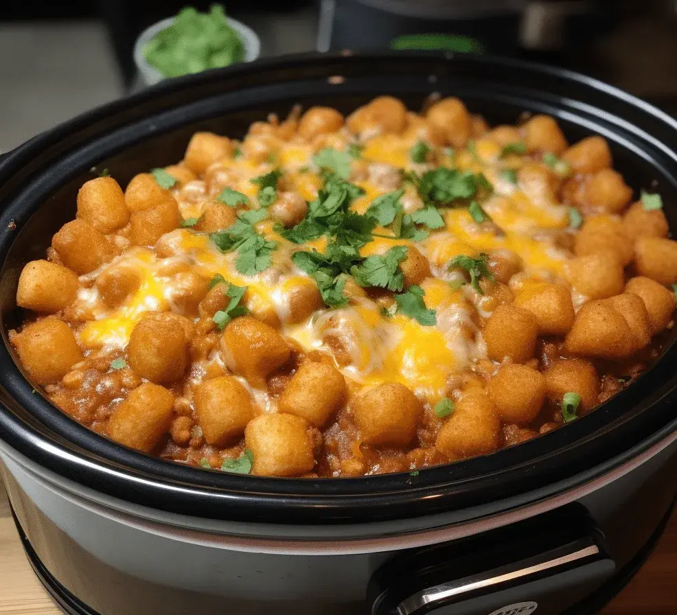 Crockpot Taco Tater Tot Casserole in slow cooker topped with melted cheese and crispy tater tots