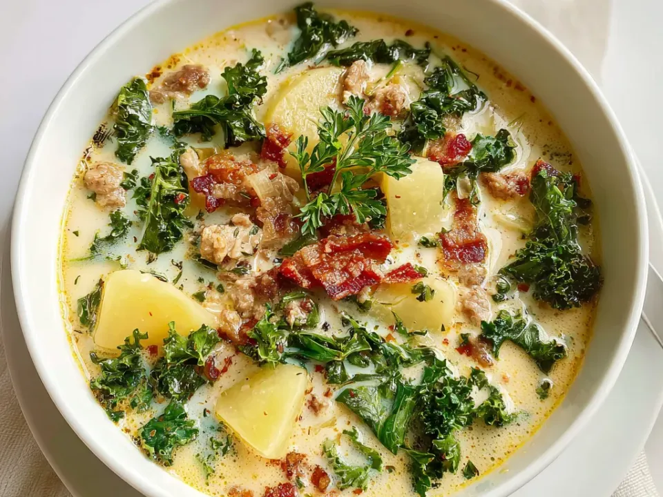 Bowl of zuppa toscana with sliced potatoes, kale and turkey sausage