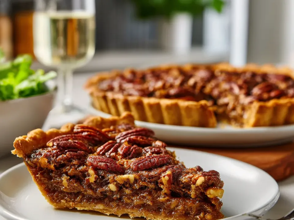 Slice of pecan pie with a glossy filling and toasted pecan topping