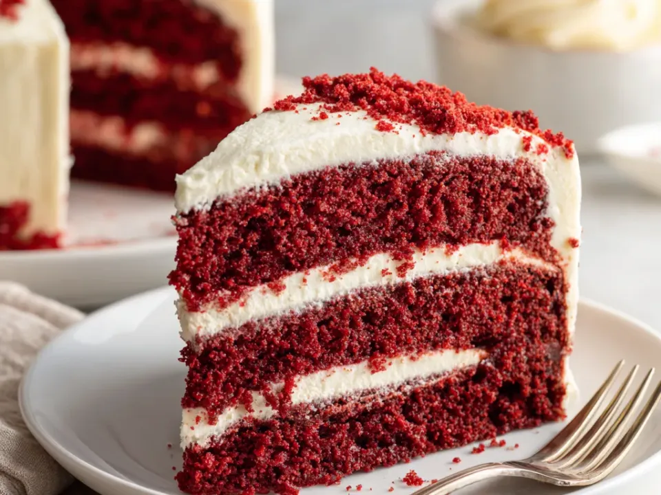 Red velvet cake with cream cheese glaze drizzled over the top