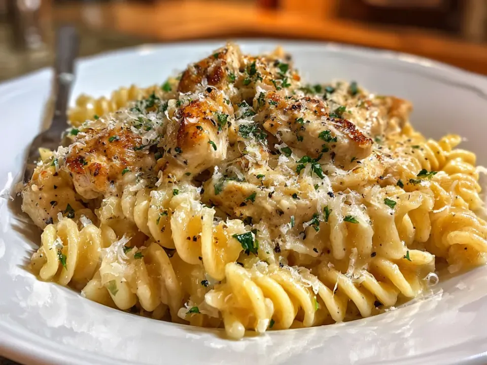 Plate of garlic parmesan chicken pasta with rotini, parsley and grated Parmesan