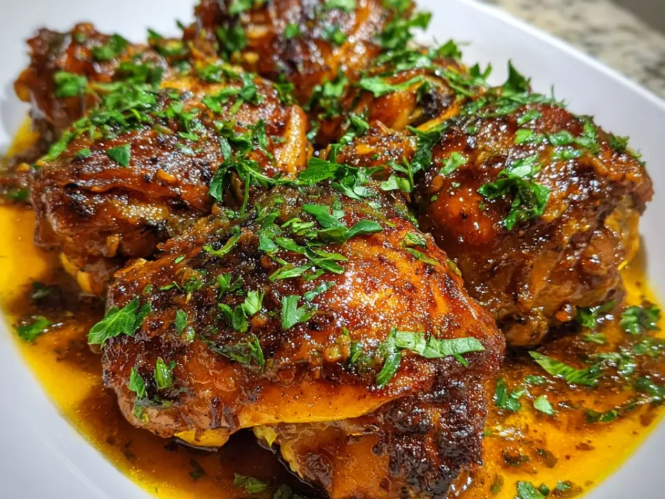 Whole bone-in chicken thighs with a deeply browned crust in a thin golden hot-honey sauce on a white platter, scattered with chopped parsley