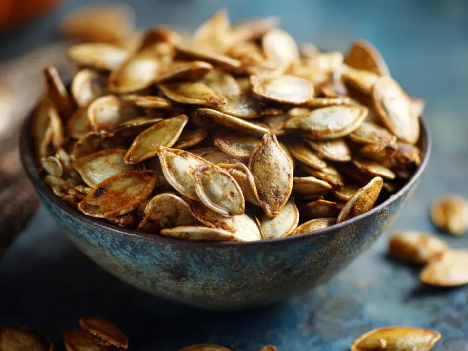 Roasted pumpkin seeds on a parchment-lined baking sheet