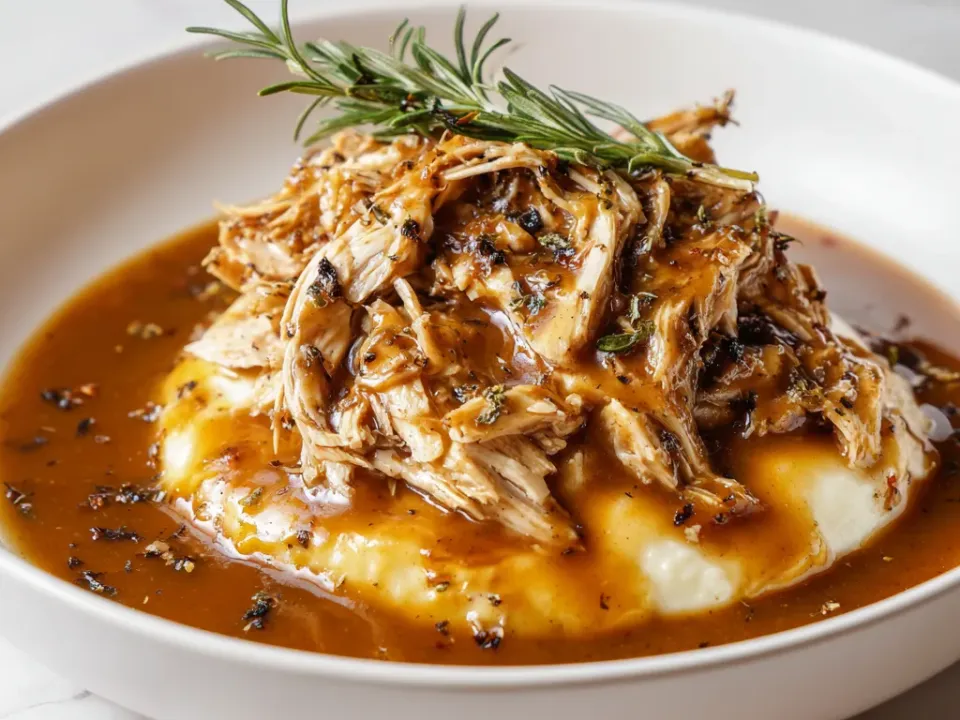 Shredded chicken in gravy served over mashed potatoes with fresh rosemary