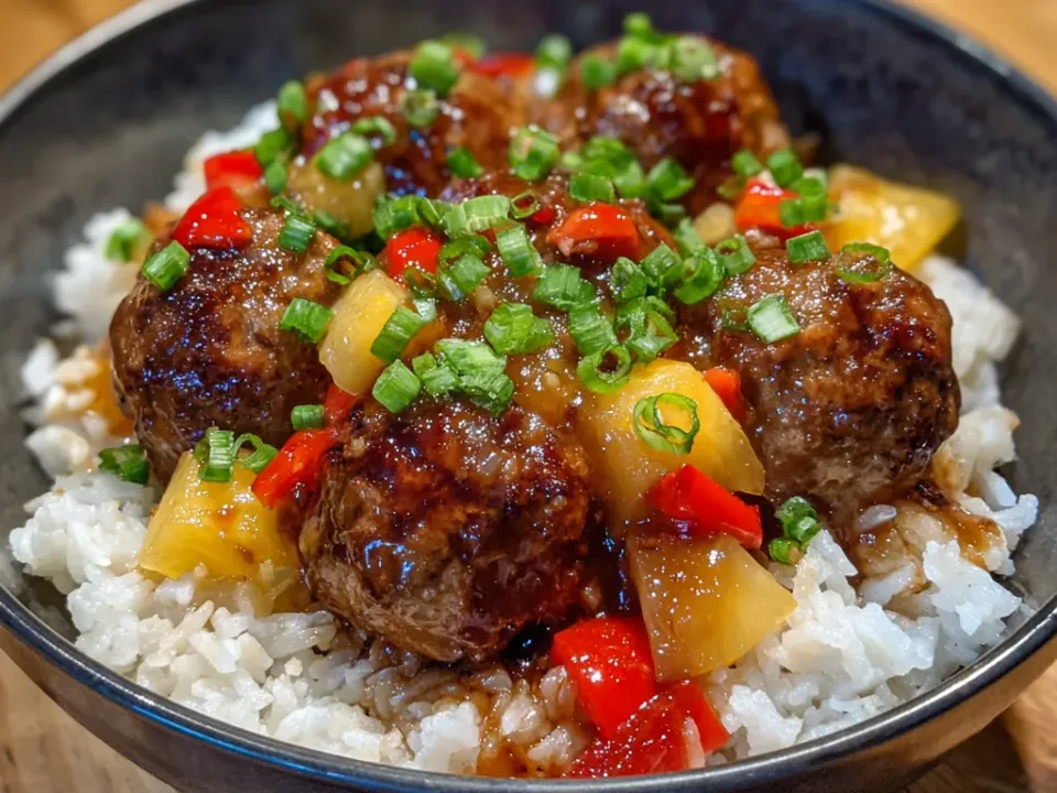 Browned meatballs with yellow pineapple chunks and diced red bell pepper in a glossy amber glaze over white rice in a dark bowl, topped with sliced green onion