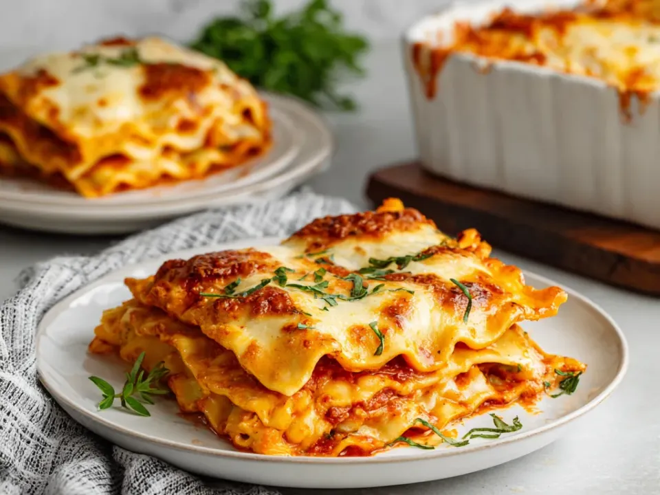 A lasagna-style square in red sauce under melted mozzarella on a cream plate, with the baking dish behind