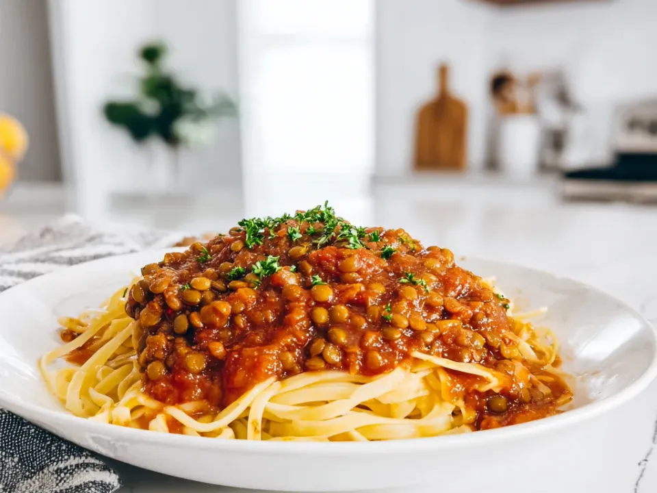 Thick tomato sauce with whole tender lentils spooned over long pasta on a white plate, scattered with chopped parsley