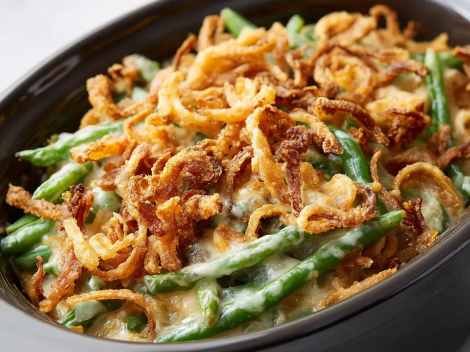 Slow cooker green bean casserole topped with crispy fried onions in a dark crock