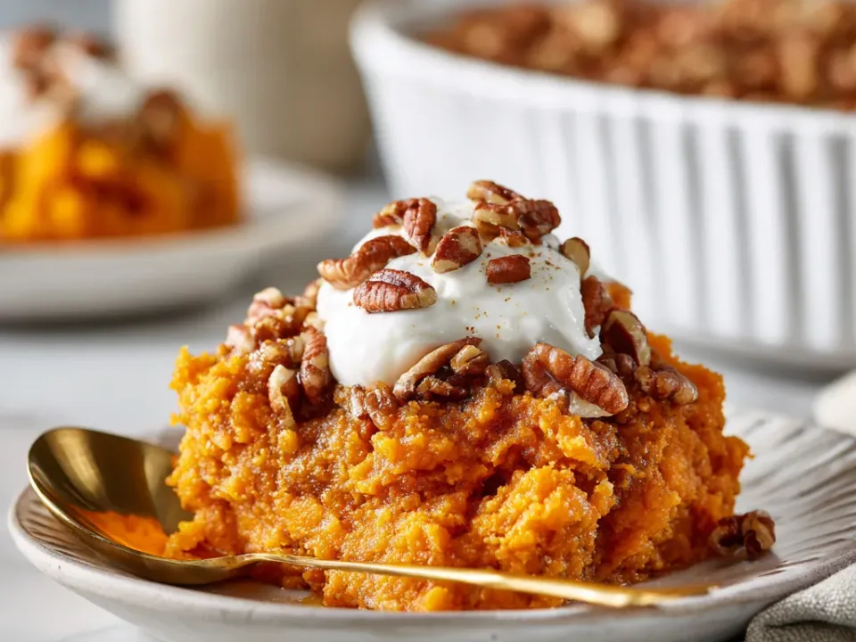 Slow cooker sweet potato casserole with a pecan crumble topping