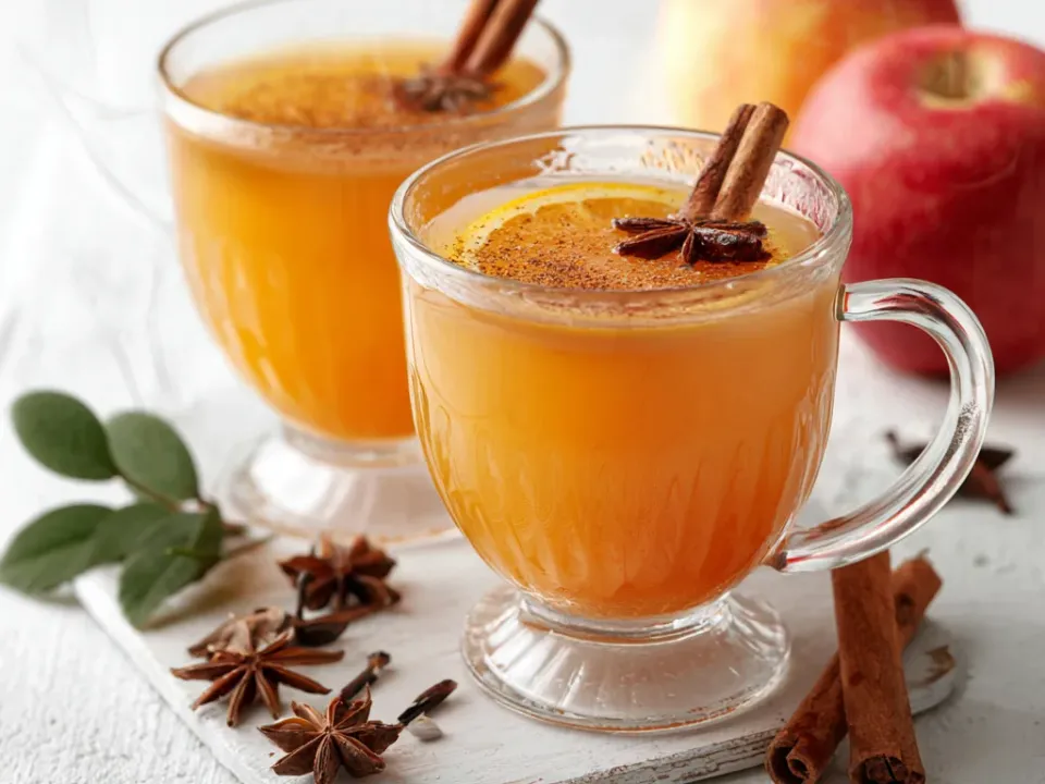 Mug of mulled apple cider with an orange slice and cinnamon stick