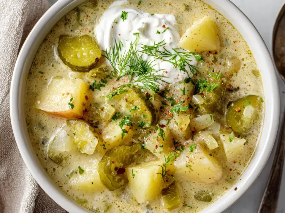 A creamy pale-green dill pickle soup with diced potato and sliced pickles in a white bowl, topped with a dollop of sour cream and a frond of fresh dill