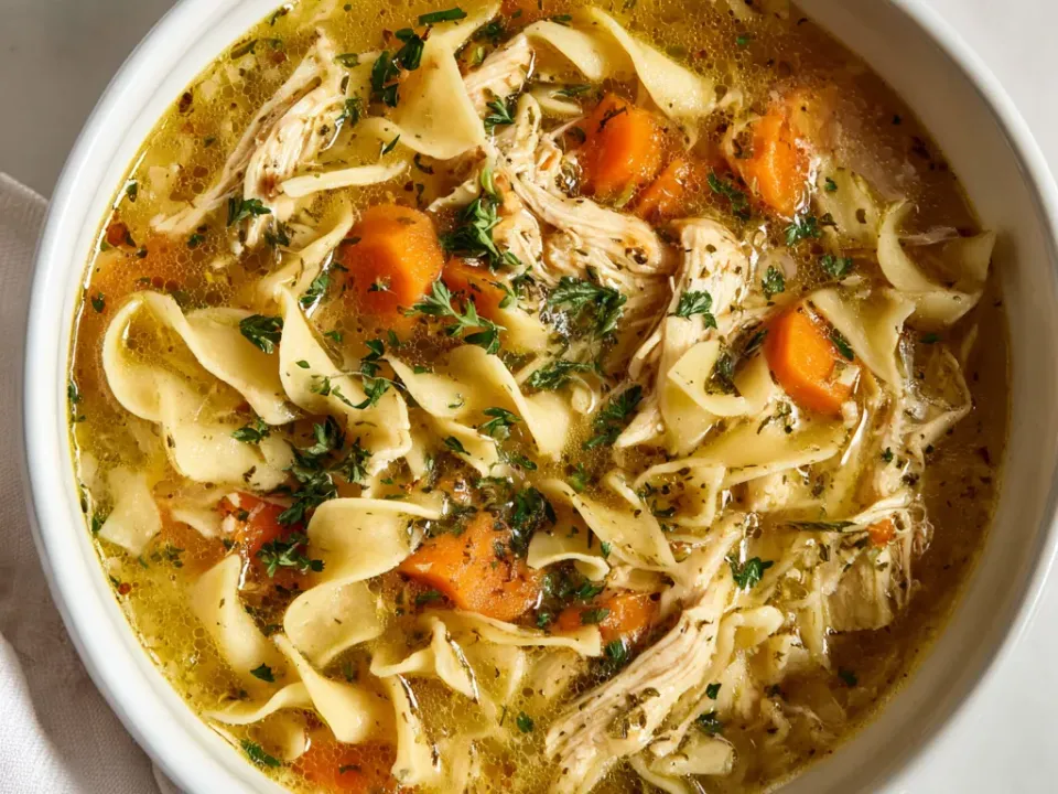 Bowl of creamy crack chicken noodle soup with egg noodles and parsley