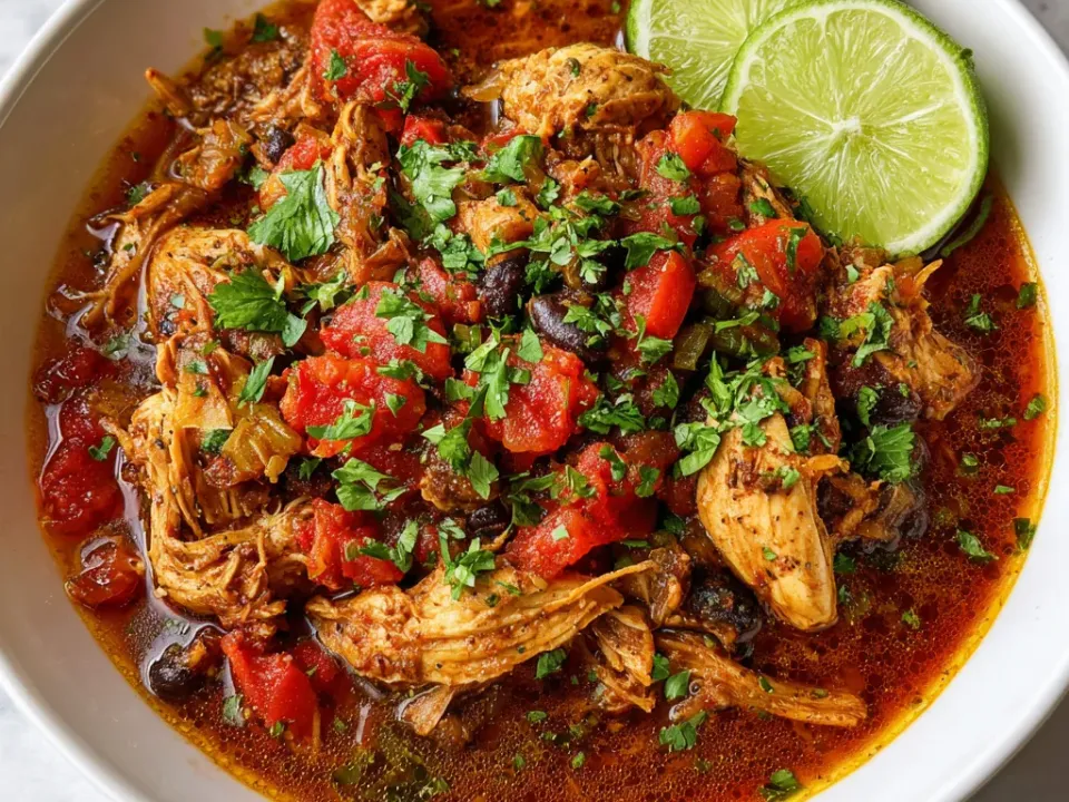Creamy shredded chicken with black beans, corn and salsa in a slow cooker, scattered with fresh cilantro