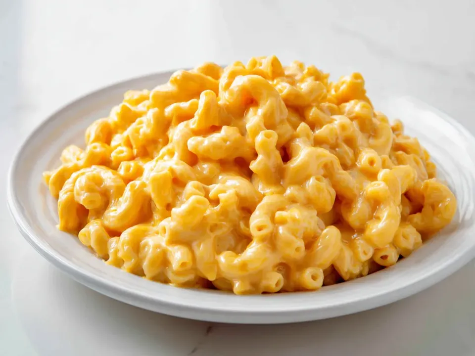 A mound of elbow macaroni coated in a glossy orange cheese sauce on a white plate